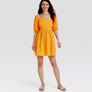 A New Day Women's Puff 3/4 Sleeve Open Back Summer Mini Dress, Orange M Medium